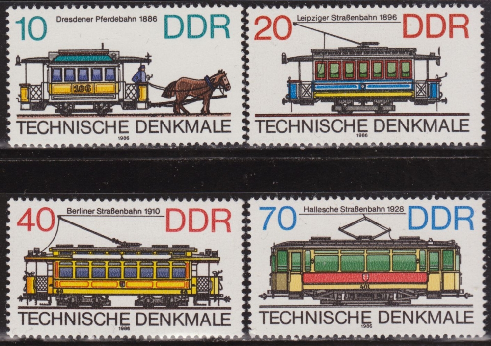 Alemania DDR 1986 Scott 2538/41 Sellos ** Trenes Caballos de tren Dresden, Tranvia Leipzig, Berlin y Halles Timbres Allemagne Germania Germany Alemagne Deutschland